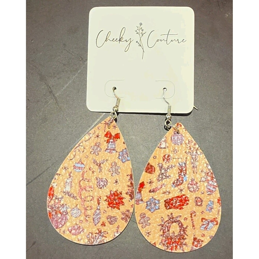 Cheeky Couture Christmas Santa Teardrop Faux Leather Dangle Hook Earrings